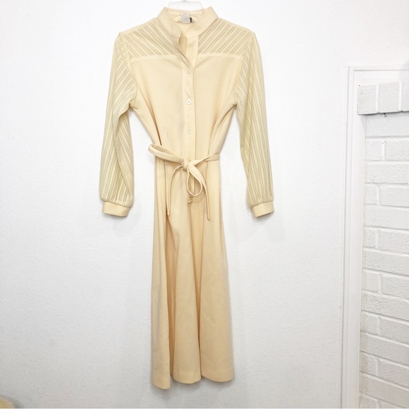 Vintage Lady Blair Midi Shirt Dress Long Sleeve Tie Waist Butter Yellow - Picture 2 of 15